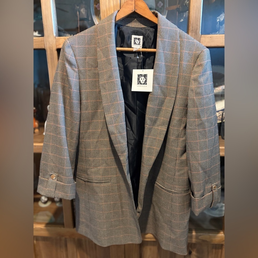 Anne Klein Open Blazer Size Small NWT Checked Tan, Red, Black